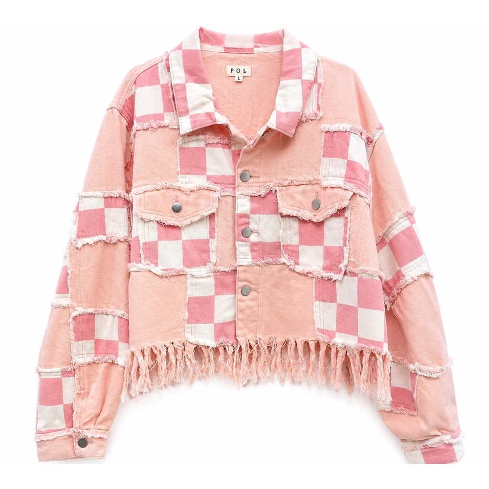 POL‎ Pink Patchwork Cropped Jacket Boho Distressed Plaid Shacket Large